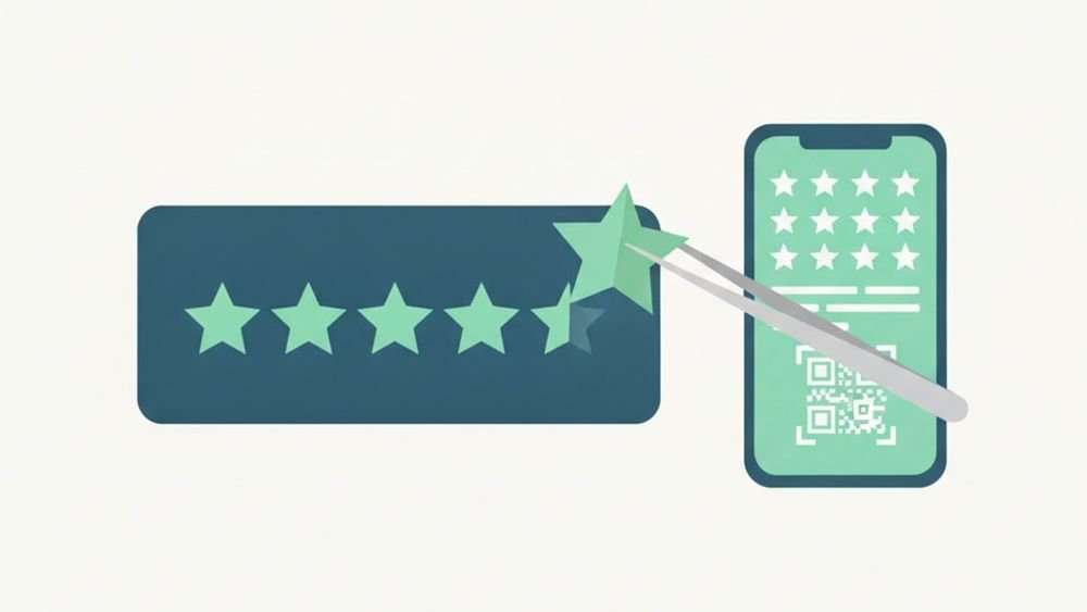 Ilustración: una estrella falsa retirada con pinzas de una tarjeta de reseñas, junto a un móvil con reseñas reales y un código QR